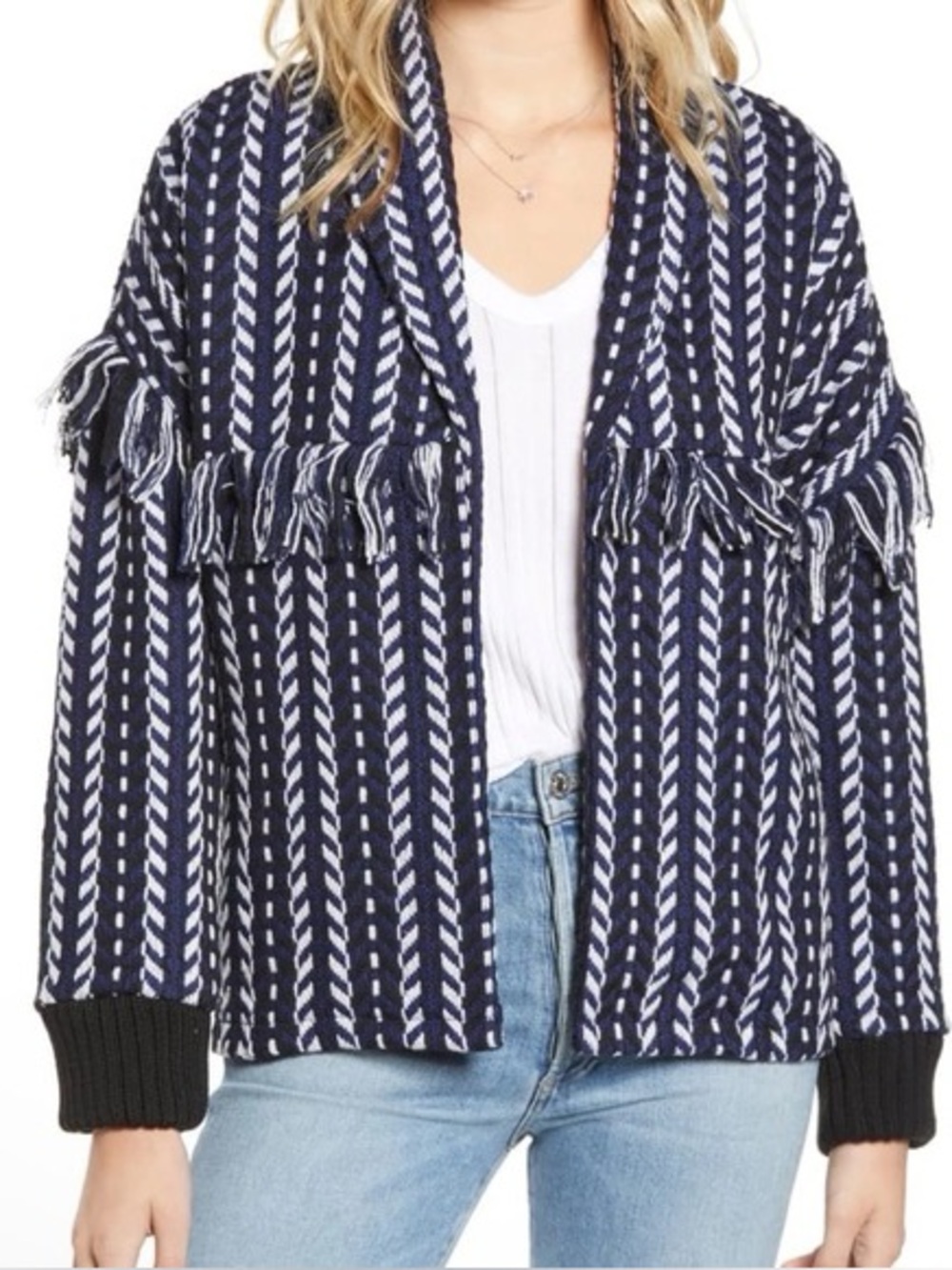 cupcakes & cashmere Black and White Fringe Open-Front Knit Jacket